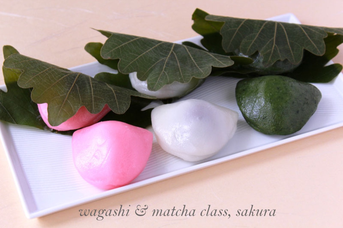 桜色・白・抹茶色の3種の和菓子を、柏の葉に載せて